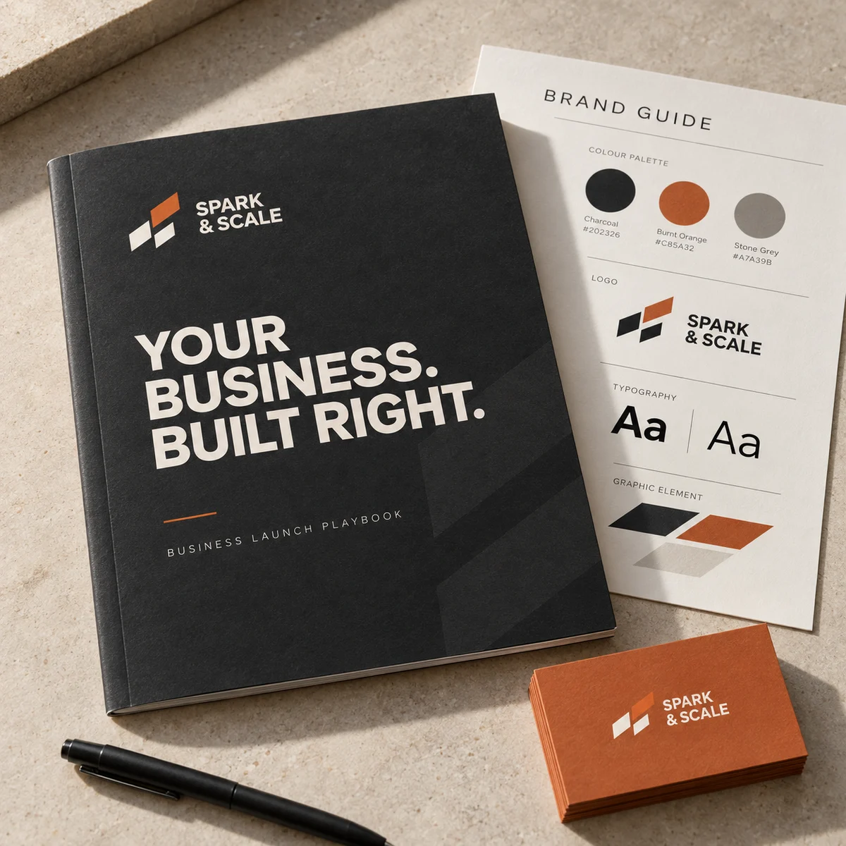 Illustrative Spark and Scale launch kit with a business playbook, brand guide and coordinated stationery